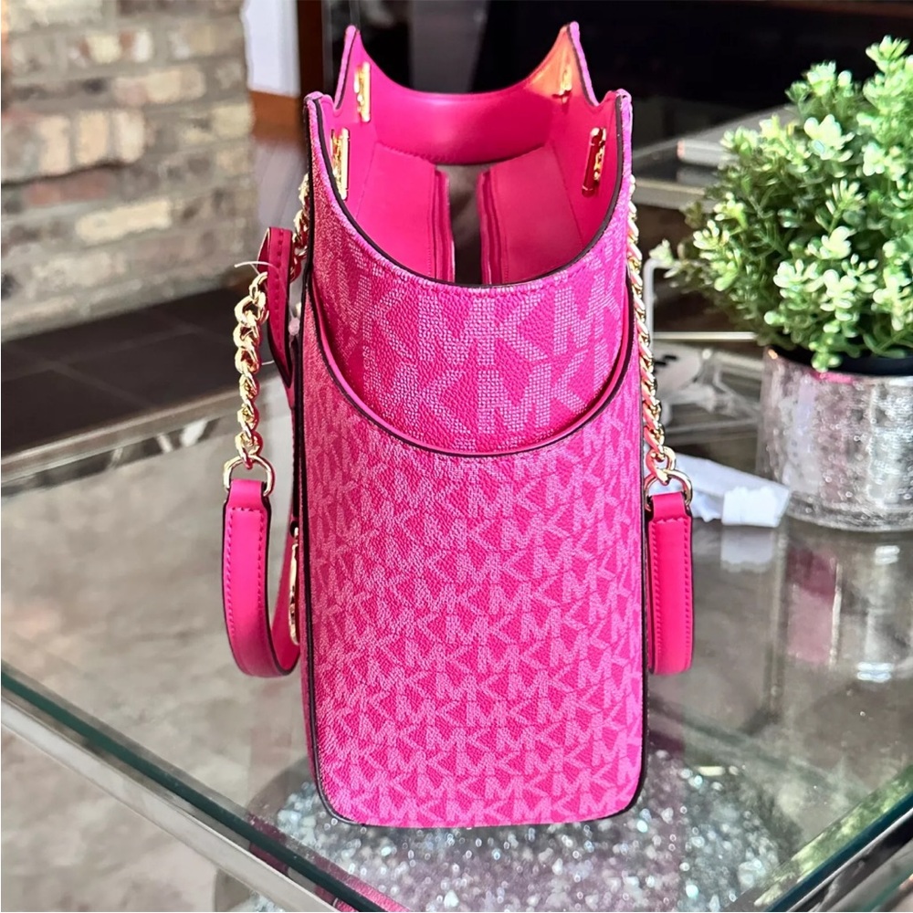 Michael Kors Jet Set Travel Large Chain Shoulder Tote MK Logo Bag Electric Pink - Picture 3 of 10